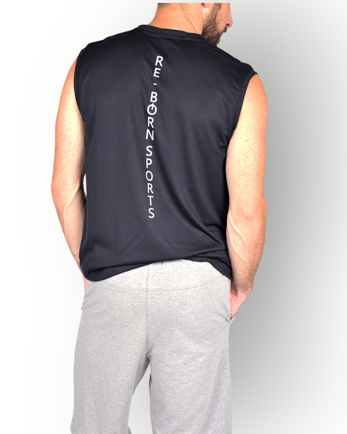 A man wearing a black sleeveless mesh light weight quick dry sport top with the text 'RE-BORN SPORTS' printed on the back, paired with gray shorts.