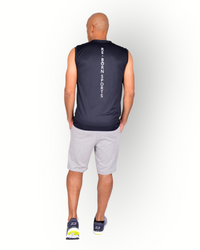 A man wearing a black sleeveless mesh light weight quick dry sport top with the text 'RE-BORN SPORTS' printed on the back, paired with gray shorts.