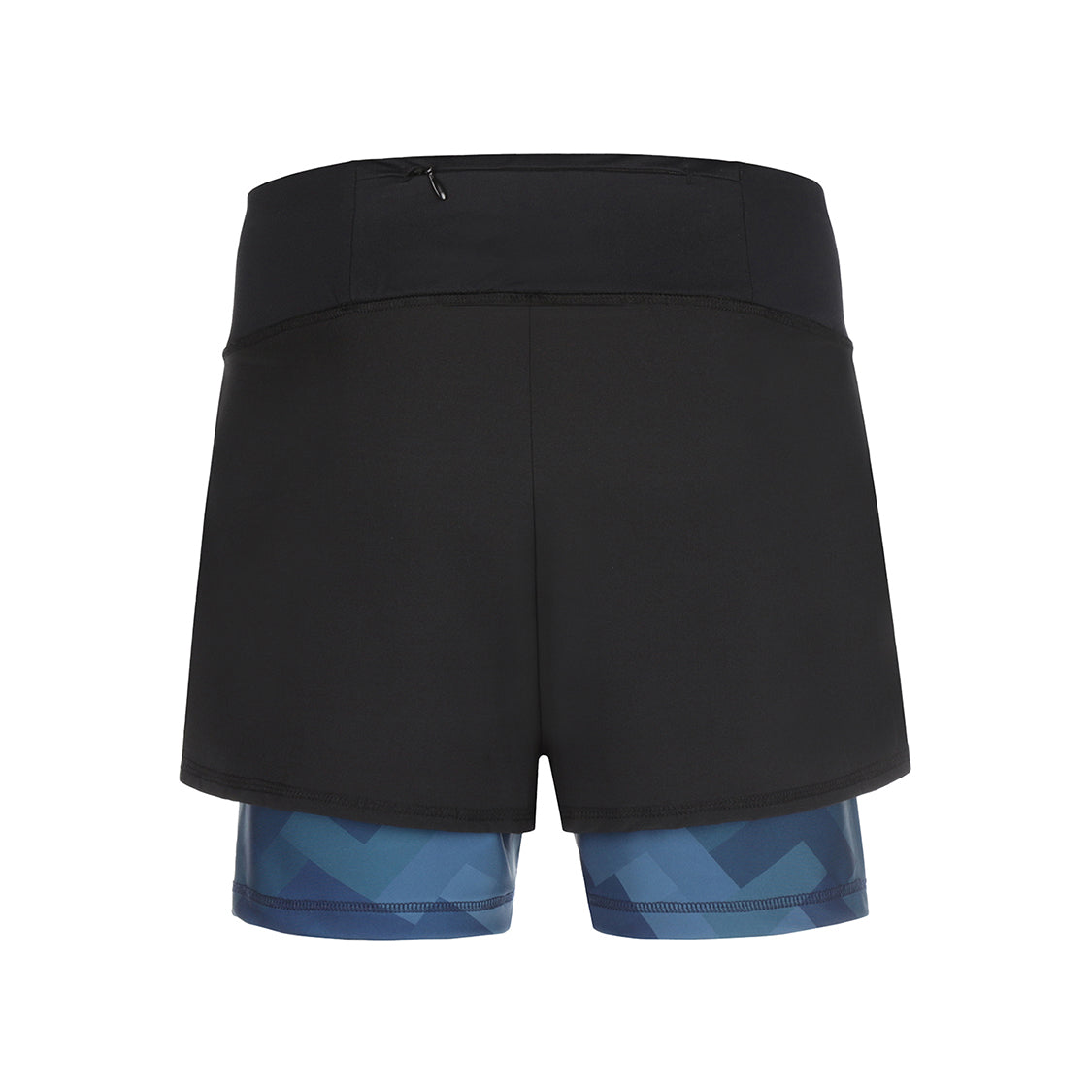 A black sports short with a camo blue print layer underneath. The short has an overlay fabric and an inner short, and there is a small pocket with zipper at the back inside the waistband. Perfect for running, bootcamp, fitness, padel, etc.