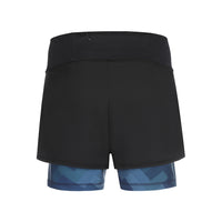A black sports short with a camo blue print layer underneath. The short has an overlay fabric and an inner short, and there is a small pocket with zipper at the back inside the waistband. Perfect for running, bootcamp, fitness, padel, etc.
