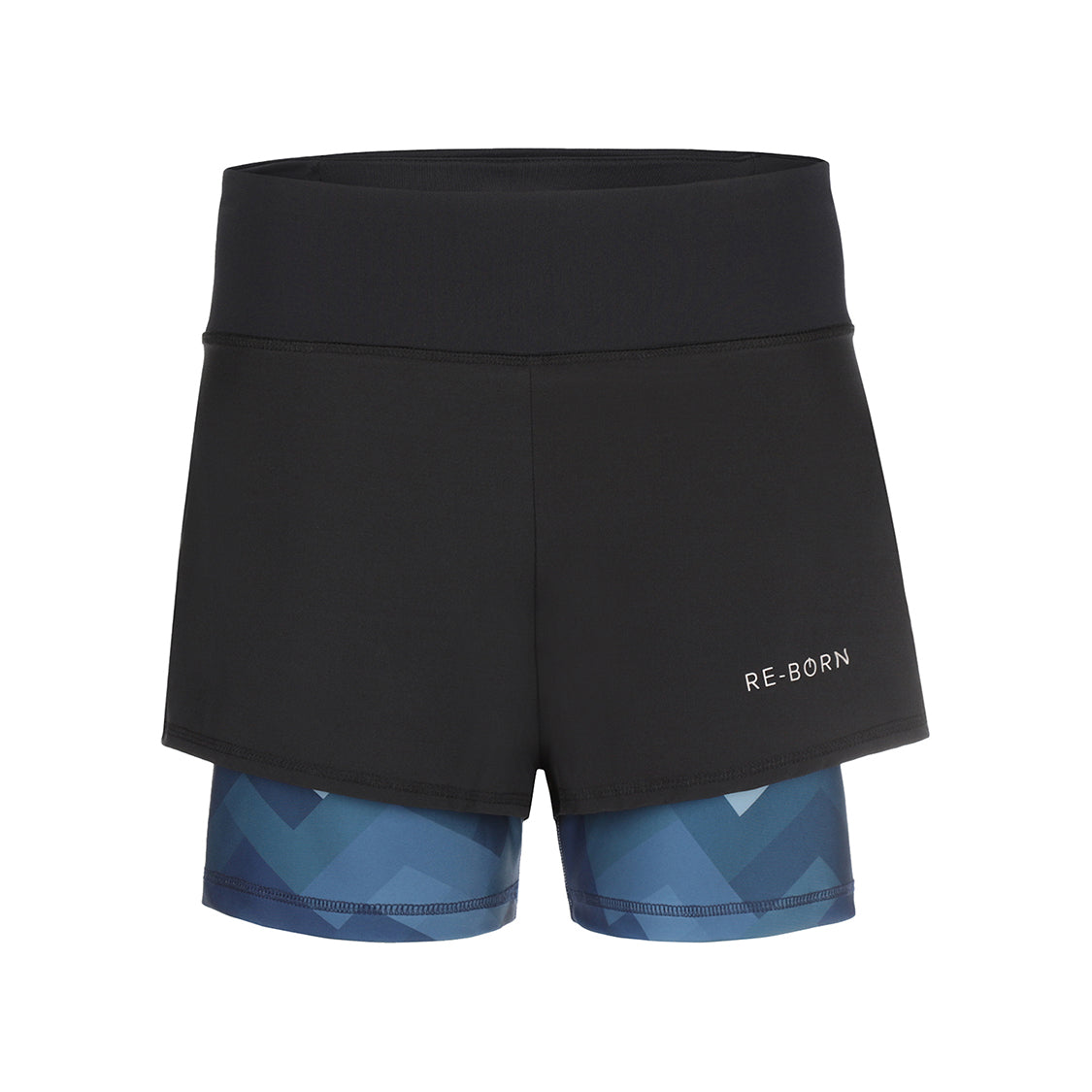 A black sports short with a camo blue print layer underneath. The short has an overlay fabric and an inner short, and there is a small pocket with zipper at the back inside the waistband. Perfect for running, bootcamp, fitness, padel, etc.
