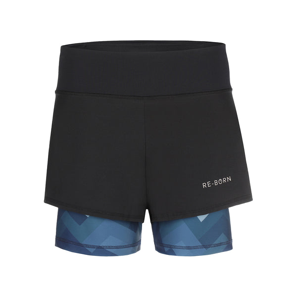 A black sports short with a camo blue print layer underneath. The short has an overlay fabric and an inner short, and there is a small pocket with zipper at the back inside the waistband. Perfect for running, bootcamp, fitness, padel, etc.