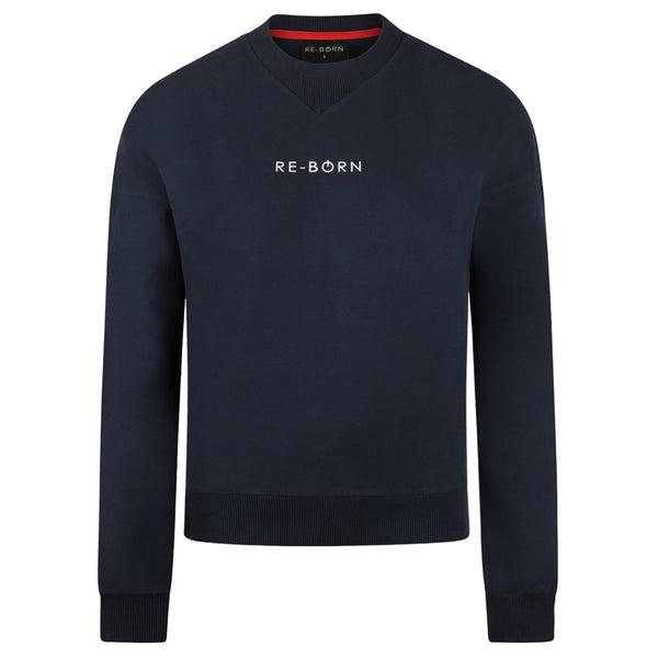 A navy long sleeve crew top with rib detail and a crew neckline in a super soft fabric.