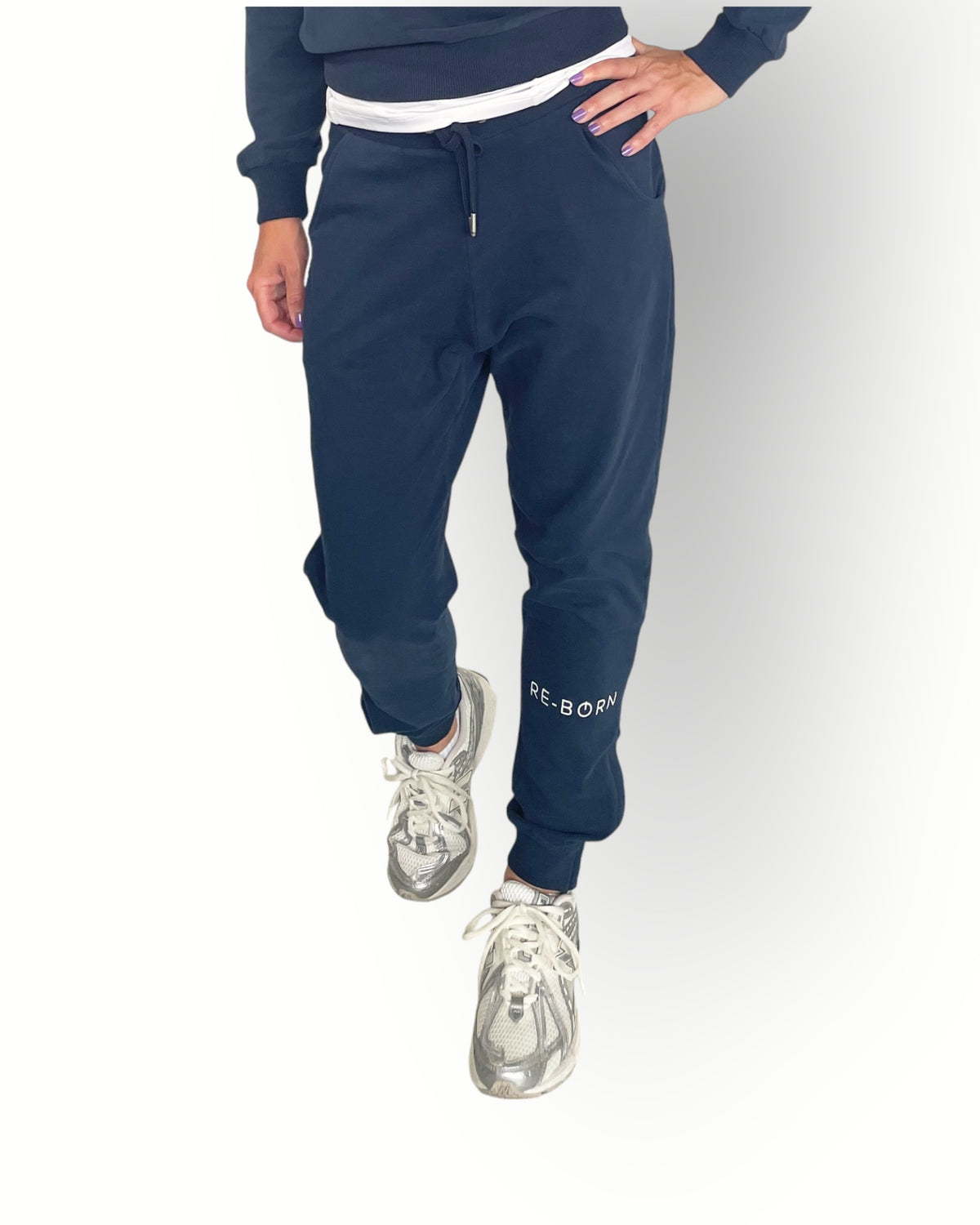 Navy joggers with zippers at the legs and side pockets super soft fabric