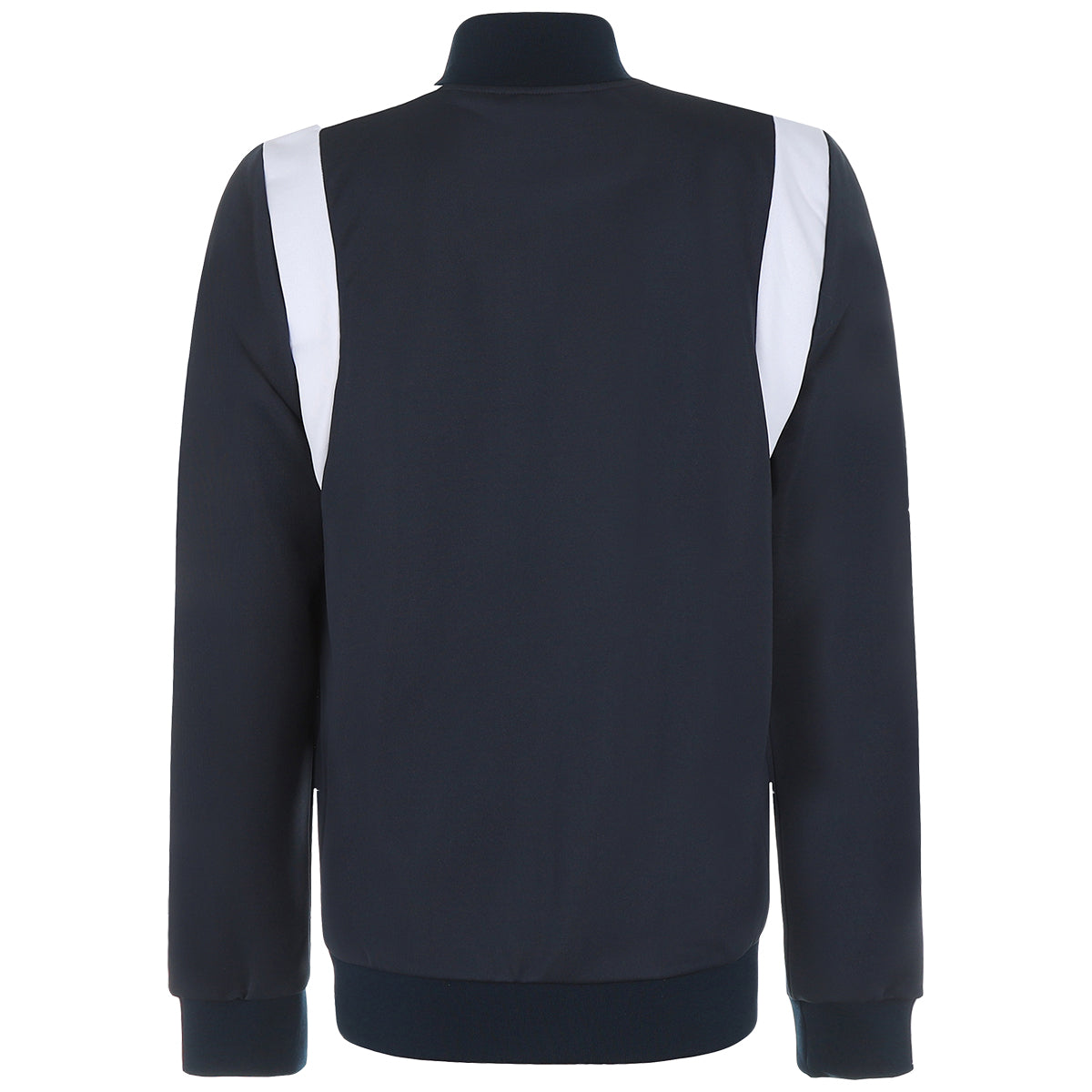 A navy and white color block tracktop with a full zipper, high collar, and side pockets.