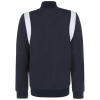 A navy and white color block tracktop with a full zipper, high collar, and side pockets.