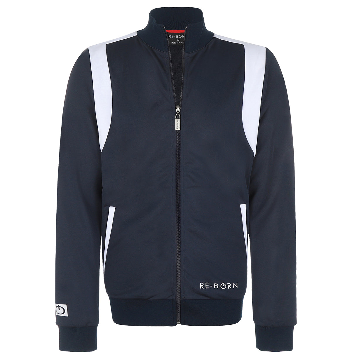 A navy and white color block tracktop with a full zipper, high collar, and side pockets.