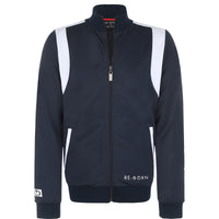 A navy and white color block tracktop with a full zipper, high collar, and side pockets.