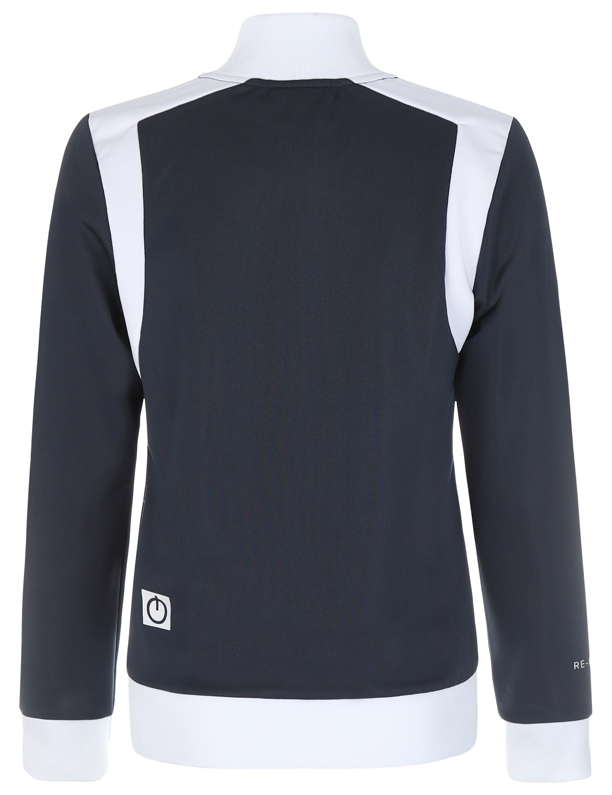 A woman wearing a navy and white color block training jacket with a full zipper and side pockets.