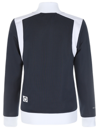 A woman wearing a navy and white color block training jacket with a full zipper and side pockets.