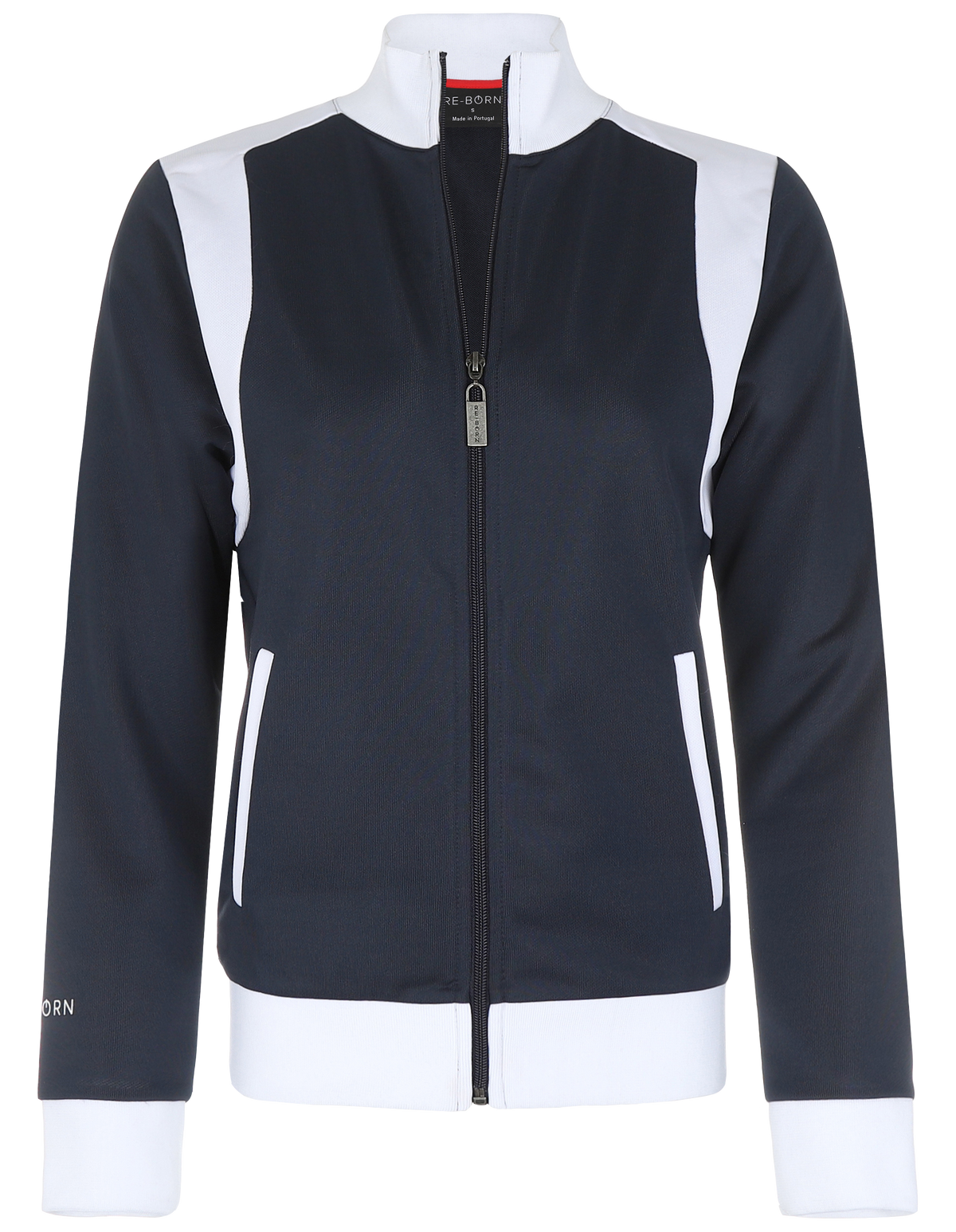 A navy and white color block training jacket with a full zipper and side pockets.