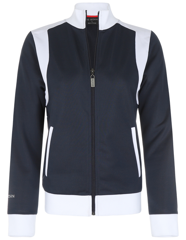 A navy and white color block training jacket with a full zipper and side pockets.